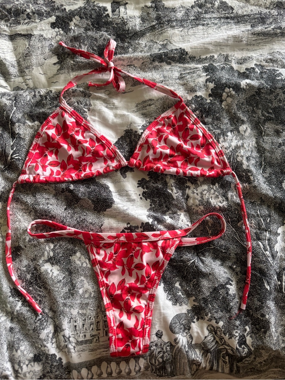 Red & White Leaf Print Triangle Bikini Set Thong